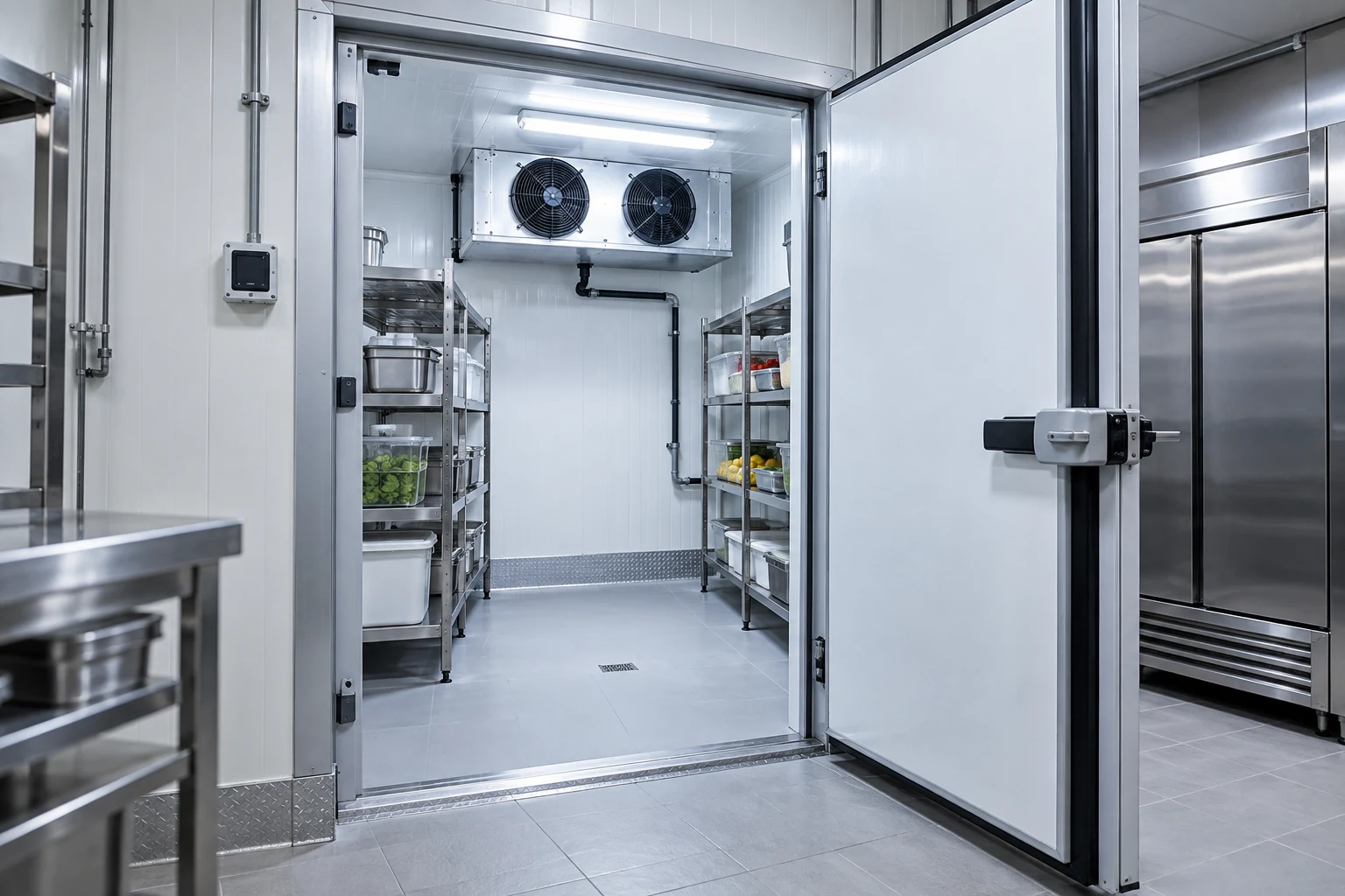 Illustration d’une chambre froide professionnelle avec évaporateur et rayonnages en inox