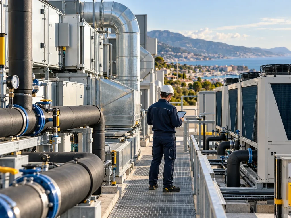 Illustration d’une installation CVC industrielle : climatisation, ventilation et réseaux aérauliques